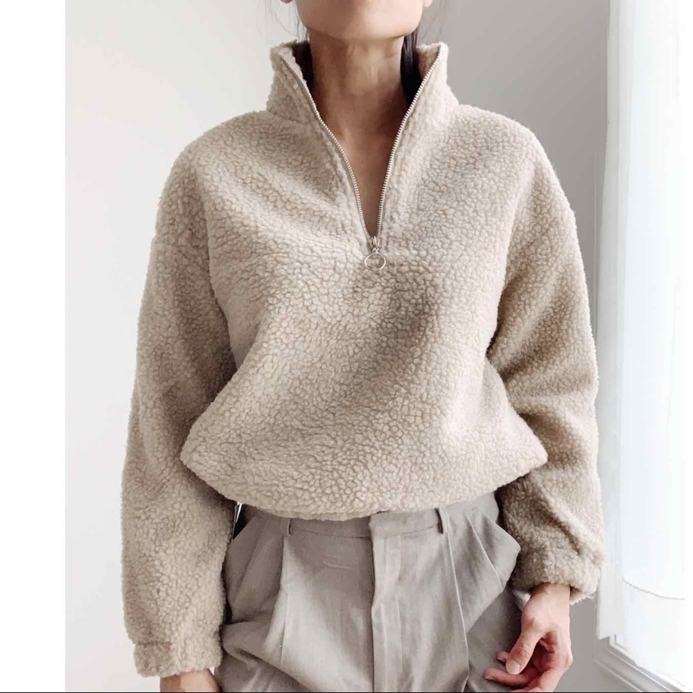 TEDDY SHEARLING HALF ZIP BOMBER SWEATER - TAUPE - Picture 2 of 10